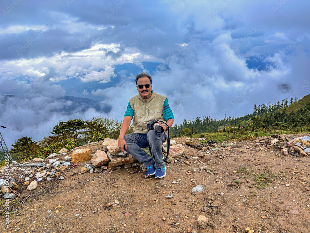 Naklejka premium Handsome tourist traveler man at Dochula pass Bhutan