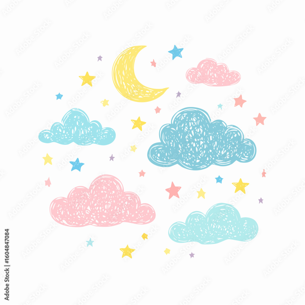 Crayon drawn clouds, stars and moon in kid's style. Hand drawn various cloud shapes. Childish doodle naive icons pastel texture. Crayon drawn clouds, stars and moon in kid's style. Hand drawn various cloud shapes. Childish doodle naive icons pastel texture.