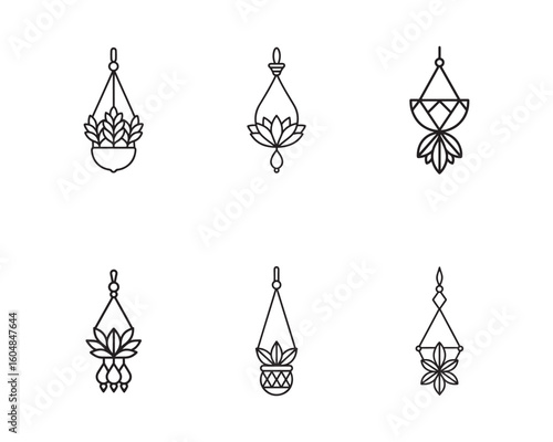 Collection of Minimalist Macrame Plant Hangers Vector Illustration Set for Boho Home Decor and Sustainable Living