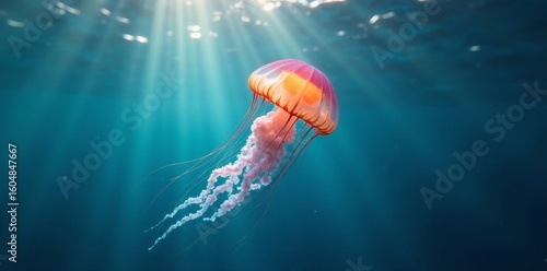 Graceful jellyfish in sunlit ocean depths, a vibrant underwater scene of marine life