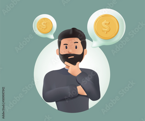 Money question 3D render vector illustration. Where to invest, pay off debt or invest to earn profit, financial choice or alternative to make decision concept, businessman investor think about money