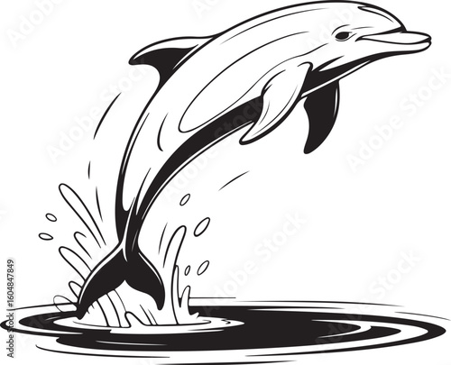 Elegant Dolphin Jumping Out of Water Vector Illustration in Black and White on Transparent BG