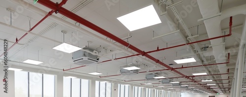 Fire sprinkler and red pipe.Install fire sprinkler system. In the industrial plant warehouse, pipe assembly, red fire pipe, fire protection contractors Using Scissor Lift High work