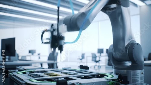 Robotic arm precisely working on a circuit board in a modern office setting view