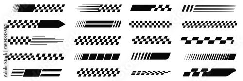 Race Car Decal Collection, Angled Checkered Patterns, Finish Line Graphics, Speed Stripes, Dynamic Motorsport Labels, and Sport Tuning Stickers for High-Performance Vehicles