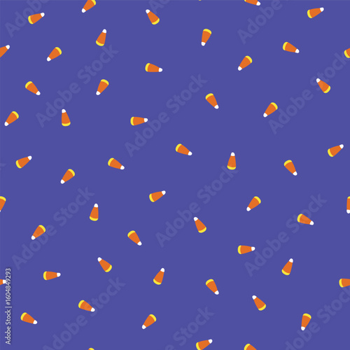Traditional Autumn Candy Corn Tossed in a Non Directional Pattern on a Halloween Purple Background creating a seamless pattern print