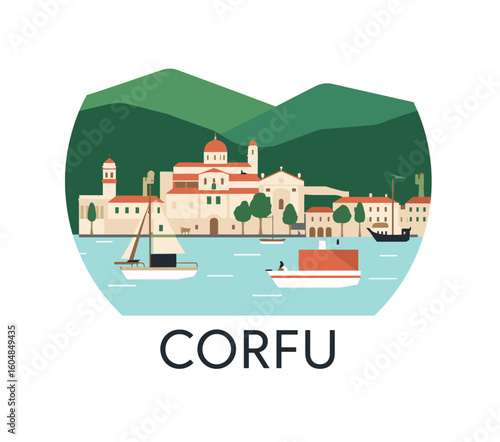 Flat vector of Corfu island with boats, sea, traditional buildings, cypress trees and green mountains in modern emblem shape