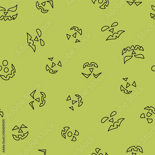 Black Line Art Jack o Lantern Faces Tossed on a Halloween Lime Green Background creating a seamless pattern print
