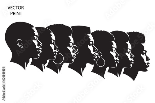 Faces of African American people, black silhouette on transparent background, vector illustration