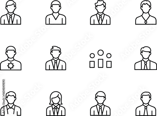 Collection of simple line art icons representing diverse people in business attire