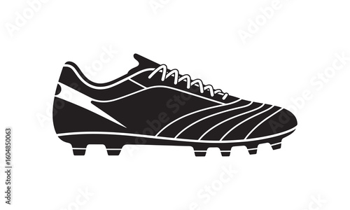 Black silhouette of a soccer cleat with white accents and laces football boot athletic shoe
