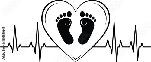 Heartbeat line with heart shape containing baby footprints, symbolizing life, love, maternity, medical care, family connection, wellness, vector illustration
