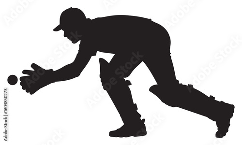 Black silhouette of a cricket player catching a ball white background