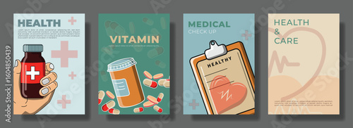 Healthcare and Medical Illustration Set – Flat Design Concept for Vitamins, Check Up, and Health Care Posters