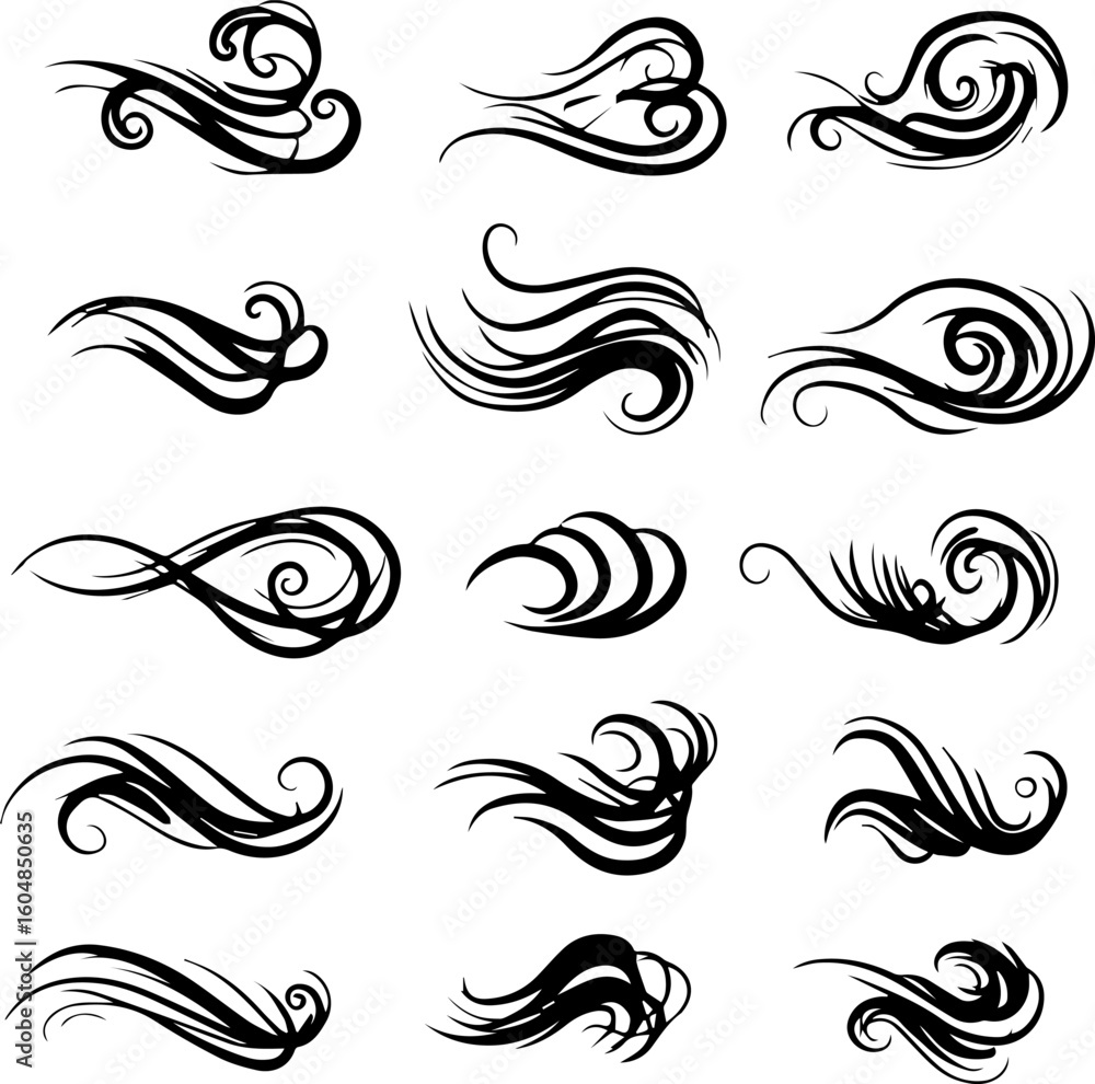 Fototapeta premium Collection of twelve black swirling, curved, and abstract vector design elements on a white background, suitable for decoration or graphic design.