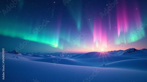 Serene Winter Landscape with Vibrant Aurora Borealis Display at Sunrise