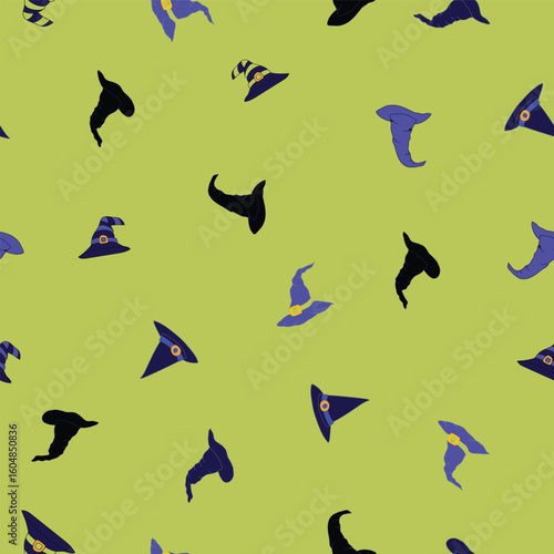 Spooky Witch Hats Tossed in a Non Directional Pattern on a Halloween Lime Green Background creating a seamless pattern print