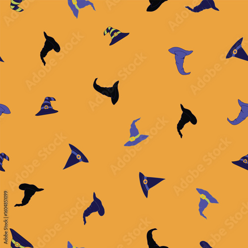 Spooky Witch Hats Tossed in a Non Directional Pattern on a Halloween Pumpkin Orange Background creating a seamless pattern print