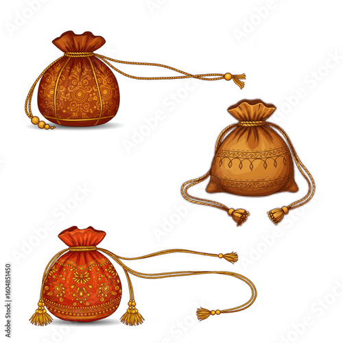 Elegant decorative pouches with intricate patterns and tassels, perfect for gift packaging or cultural motifs