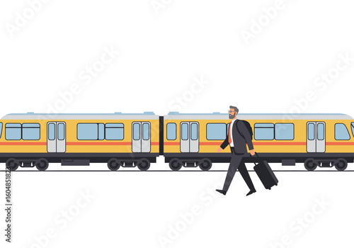 Businessman Walking with Suitcase Beside Yellow Train.