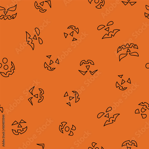 Black Line Art Jack o Lantern Faces Tossed on a Halloween Orange Background creating a seamless pattern print