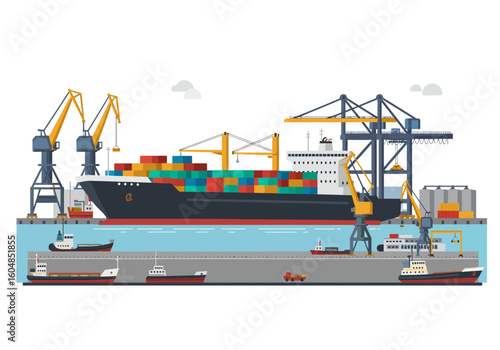 Colorful Cargo Ship Docked at Busy Port with Cranes.