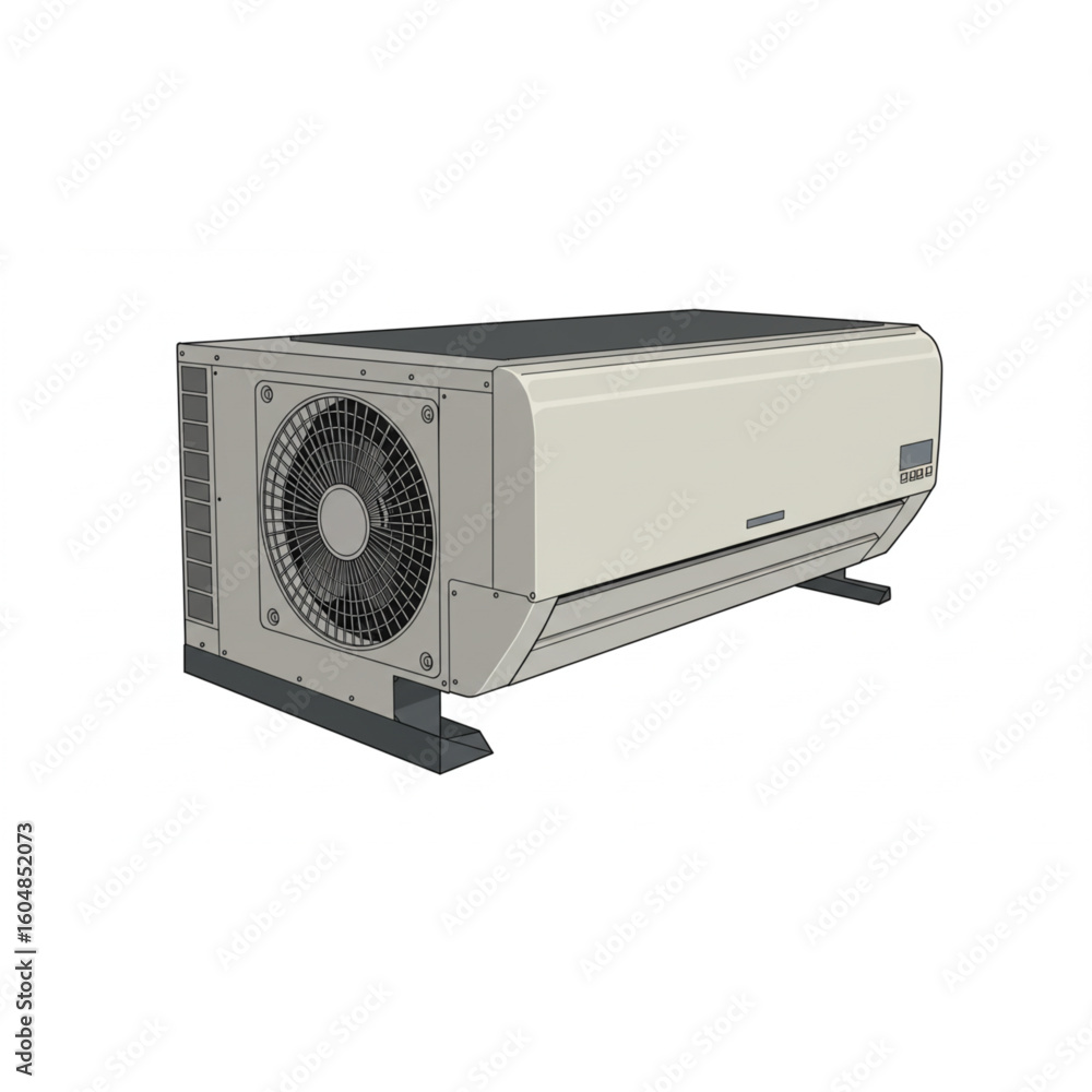 Obraz premium Modern outdoor air conditioner unit on a clean white background, sleek design for efficient cooling