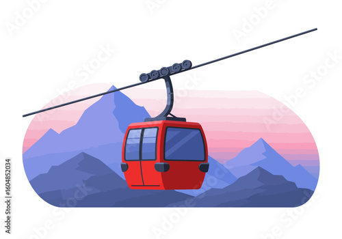 Red Cable Car Gondola Ascending Mountain Peaks.