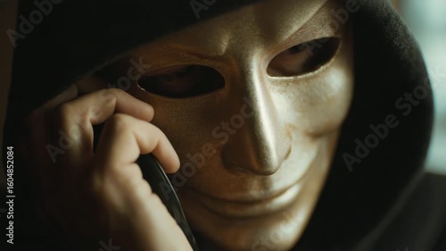 Hacker or Scammer Wearing a Mask Talking on the Phone