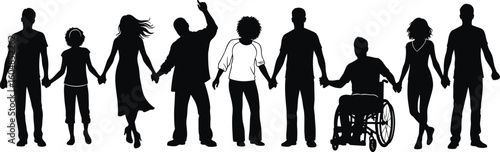 Silhouette of diverse group holding hands, wheelchair inclusion, equality concept, community support, black vector design, unity illustration, emotional bonding