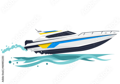 Modern Speedboat in Motion with Water Spray.