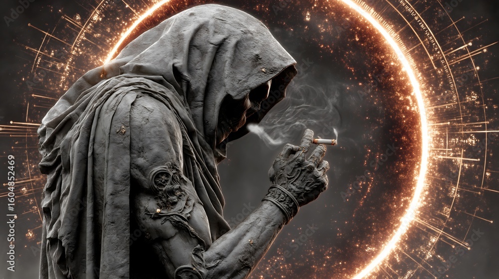 Naklejka premium Post-Apocalyptic Reaper with Cigarette Glow – Generative AI