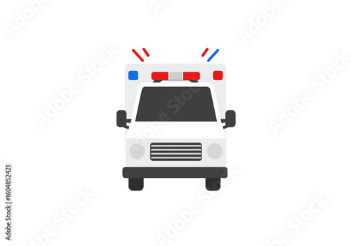 Front View of a White Ambulance with Emergency Lights Illustration.