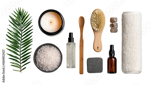 Beauty Products with Spa Essentials: A flat lay of beauty products and spa essentials such as candles and bath salts, isolated on a Transparent background, PNG file.