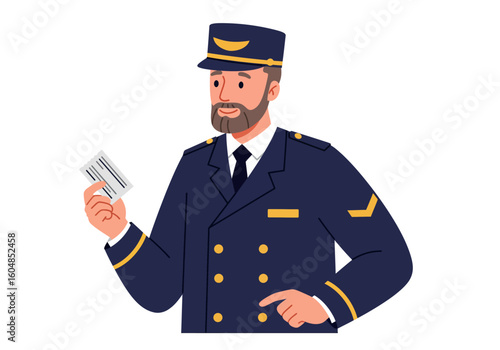 Uniformed Train Conductor Holding Ticket Pointing and Smiling.