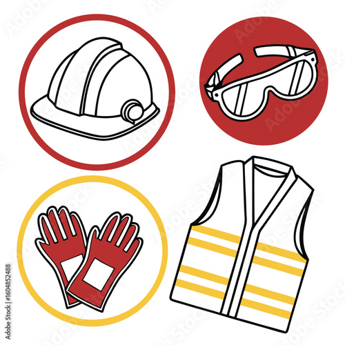 Illustration of safety equipment including a hard hat glasses gloves and a safety vest on a white background