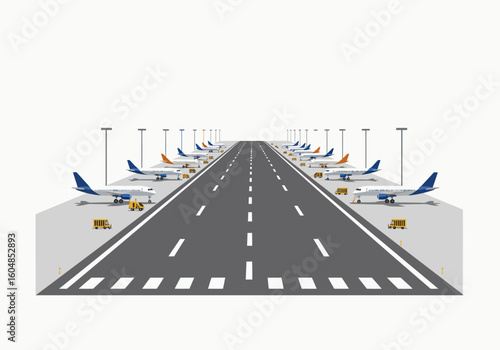 Airport Runway with Parked Airplanes and Support Vehicles.