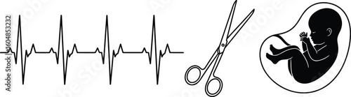 Silhouette of fetus in womb with heartbeat monitor, surgical scissors illustration, prenatal care, pregnancy protection concept, medical vector design