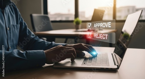 Typing Hands on Laptop with Approve Reject Option interface and Indoor Setting