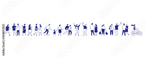 Minimalist blue vector set of diverse people in everyday actions, perfect for creative design, web graphics, and editorial use