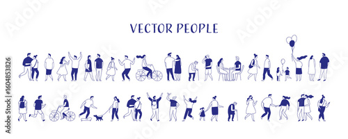 Minimalist vector illustration of diverse people silhouette walking, talking, shopping, and interacting in everyday life. Simple outline style for modern lifestyle and urban concepts.