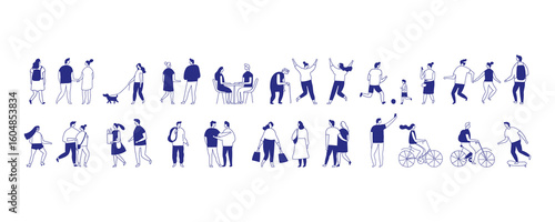 Minimalist vector illustration of diverse people silhouette walking, talking, shopping, and interacting in everyday life. Simple outline style for modern lifestyle and urban concepts.