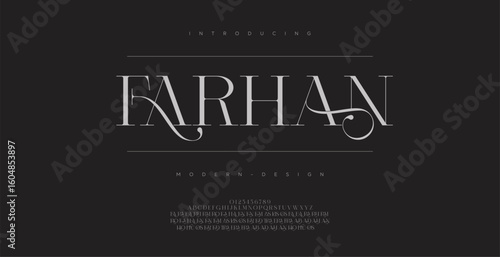 Farhan Elegant Font Uppercase Lowercase Number And Ampersand. Classic Lettering Minimal Fashion Designs. Typography modern serif fonts regular decorative vintage concept. vector illustration

