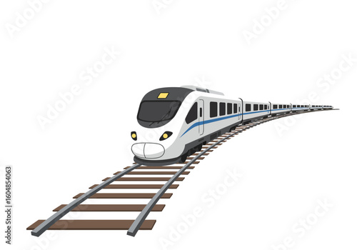 Modern White High-Speed Train on Curved Tracks.