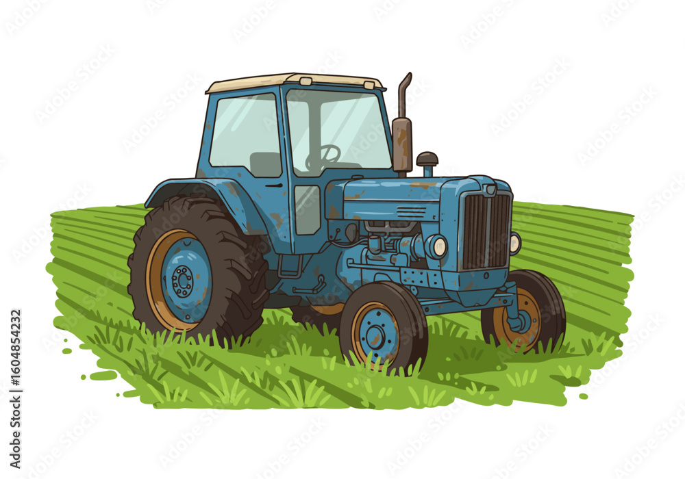 Obraz premium Rustic Blue Vintage Tractor in a Field Weathered Metal Large Tires.