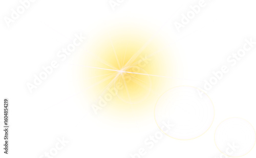 Transparent sunlight lens flare overlay with soft glow and radial light burst. Ideal for adding natural photo effects or dreamy atmosphere. Isolated PNG with no background.