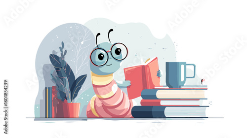 A charming bookworm illustration features a worm reading amidst a cozy arrangement of books, a mug, and a potted plant.