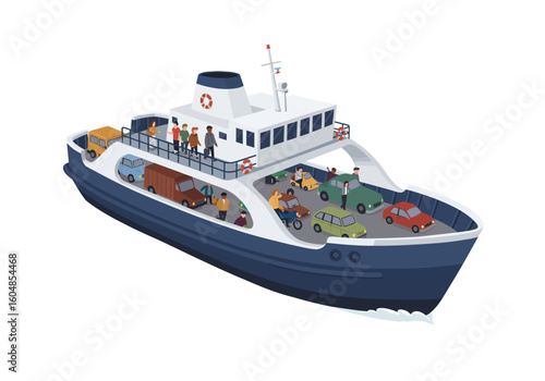 Cartoon Illustration of a Ferry Boat Transporting Cars and Passengers.