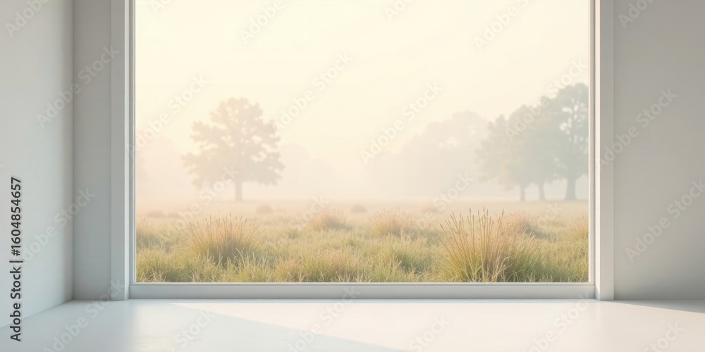 Fototapeta premium Serene Sunrise Meadow View from Minimalist Room Corner Window
