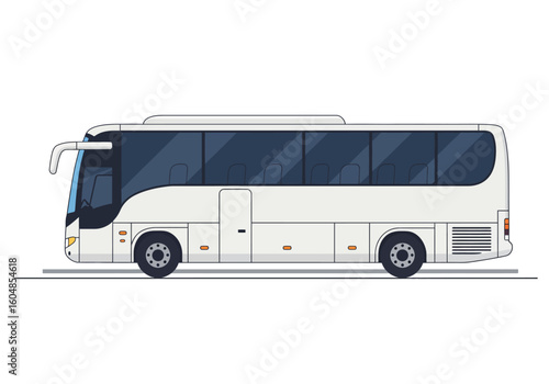 White Coach Bus Illustration with Dark Windows and Black Tires.